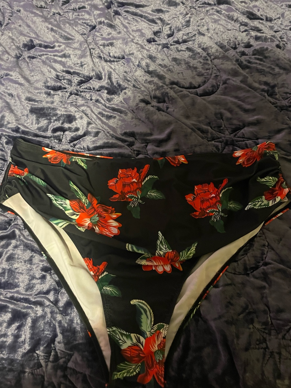Speedo Black High-Waist Bikini Bottoms with Red Floral Print